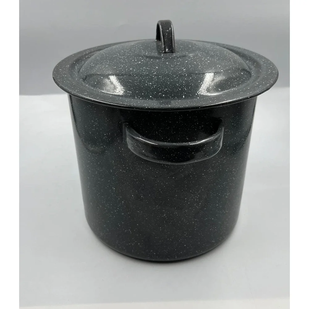 Vintage EnamelWare Black Speckled White Medium Stock Soup Pot‎ W Lid